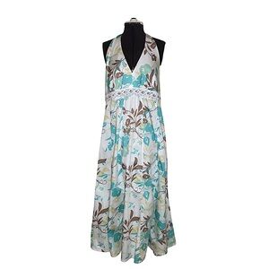 Jonathan Martin Stretchy Cotton Off White Teal Brown Floral Halter Sundress 16